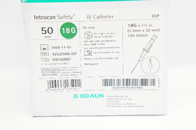 Braun 4252560-02 Introcan Safety IV Cath. 18G x 1 1/4inch 105ml/min - Box of 50